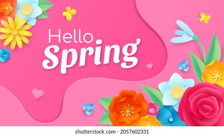 Hello spring banner with paper cut flower, leaf and butterflies. Frame template with floral decoration. Spring greeting card vector design. Botanical blossom and foliage of natural plants