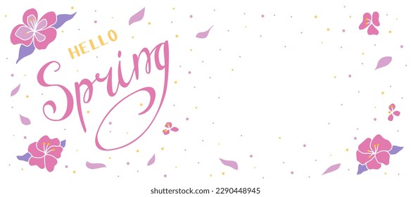 Hola banner primavera en colores rosados con flores y pétalos.