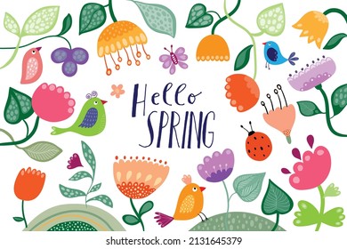 Hello Spring banner, poster, background with seasonal design, floral elements, flowers and birds, decorative doodle style