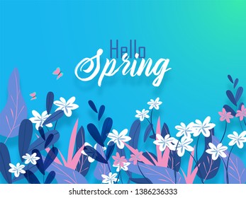 Hello Spring banner or poster design decorated with flowers and butterflies.