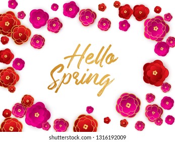 Hello spring banner. Red paper cut abstract flowers background. Greeting to spring vector card, hello text. Sakura pink red gold gradient abstract flowers bright vector design.