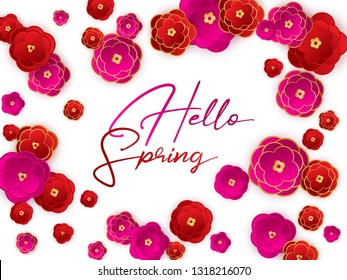 Hello spring banner. Red paper cut abstract flowers background. Greeting to spring vector card, hello text. Sakura pink red gold gradient abstract flowers bright vector design.
