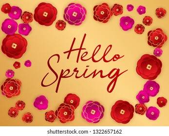 Hello spring banner. Red paper cut abstract flowers background. Greeting to spring vector card, hello text. Sakura pink red gold gradient abstract flowers bright vector design.