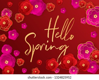 Hello spring banner. Red paper cut abstract flowers background. Greeting to spring vector card, hello text. Sakura pink red gold gradient abstract flowers bright vector design.