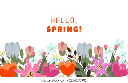 Hello spring banner. Season vocation, weekend, holiday logo. Spring Time Wallpaper. Happy spring Day. Spring vector Lettering text. Fashionable styling. Flower vector.