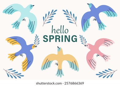 Hello spring banner with set of bird. Floral springtime hand drawn illustration.