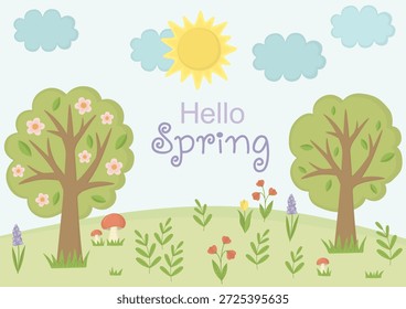 Hola Anuncio de primavera con sol, nubes, flores en flor, árboles y setas. Ilustración con paisaje estacional 