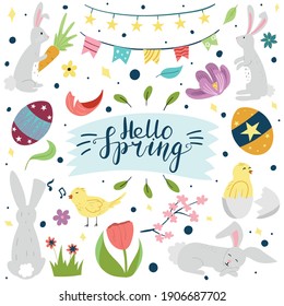 Hello spring banner template with  bunny rabbit, chick and flowers. International holiday celebration concept. Vector illustration in flat style.