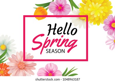 Hello spring banner template with colorful flower.Can be use voucher, wallpaper,flyers, invitation, posters, brochure, coupon discount.