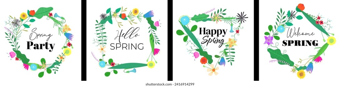 Hola plantillas de banner de primavera. Resumen dibujando flores figura geométrica conjunto de coronas. Recogida de tarjetas de arte de ramos florales redondas, triangulares, cuadradas y rhombus. Afiche de las flores de verano. Plazas de serbal
