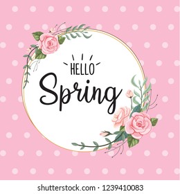 Hello spring banner. Trendy texture. Season vocation, weekend, holiday logo. Spring Time Wallpaper. Happy spring Day. Spring vector Lettering text. Fashionable styling. Flower vector.