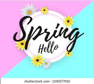 Hello spring banner. Trendy texture. Season vocation, weekend, holiday logo. Spring Time Wallpaper. Happy spring Day. Spring vector Lettering text.