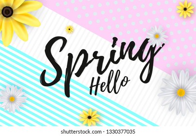 Hello spring banner. Trendy texture. Season vocation, weekend, holiday logo. Spring Time Wallpaper. Happy spring Day. Spring vector Lettering text.