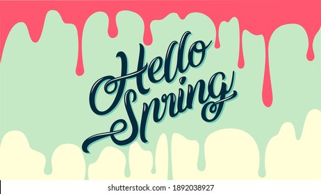 Hello spring banner. Trendy texture. Season vocation, weekend, holiday logo. Spring Time Wallpaper. Happy spring Day. Spring vector Lettering text. Fashionable styling. Poster or banner easy editable 