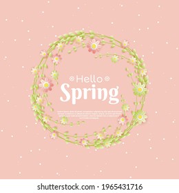 Hello spring banner. Trendy texture. Season vocation, weekend, holiday logo. Spring Time Wallpaper. Happy spring Day. Spring vector Lettering text. Fashionable styling. Flower vector.