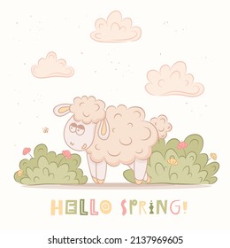 Hola banner de primavera. Textura de moda. Vocación de temporada, fin de semana, logo de vacaciones. Fondo de escritorio de primavera. Feliz Día de la Primavera. Ilustración vectorial de ovejas.