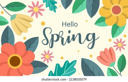 Hello spring banner, trendy texture, fashionable style. flower vector.