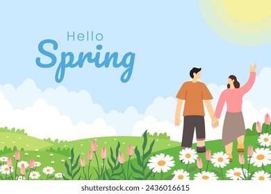 Hello spring banner. Trendy texture flower. Season vocation with couple, weekend, holiday background. Spring Time Wallpaper. Happy spring Day. Flower vector.