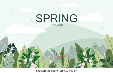 Hola Anuncio de primavera. Textura de moda. Vocación de temporada, fin de semana, logotipo de vacaciones. Fondo de pantalla de primavera. Feliz día de primavera. Texto de letras de Vector de primavera. Estilo de moda. Vector de flores.