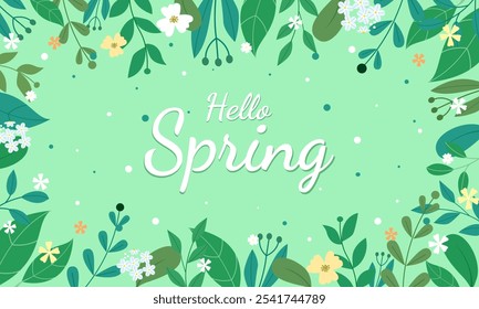 Hola Anuncio de primavera. Textura de moda. Vocación de temporada, fin de semana, logotipo de vacaciones. Fondo de pantalla de primavera. Feliz día de primavera. Texto de letras de Vector de primavera. Estilo de moda. Vector de flores.