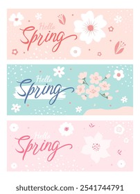 Hola Anuncio de primavera. Textura de moda. Vocación de temporada, fin de semana, logotipo de vacaciones. Fondo de pantalla de primavera. Feliz día de primavera. Texto de letras de Vector de primavera. Estilo de moda. Vector de flores.