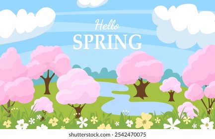 Hello spring banner. Trendy texture. Season vocation, weekend, holiday logo. Spring Time Wallpaper. Happy spring Day. Spring vector Lettering text. Fashionable styling. Flower vector.