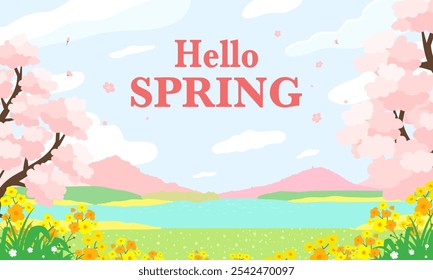 Hello spring banner. Trendy texture. Season vocation, weekend, holiday logo. Spring Time Wallpaper. Happy spring Day. Spring vector Lettering text. Fashionable styling. Flower vector.