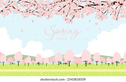 Olá, faixa de primavera. Textura na moda. Vontade de temporada, fim de semana, logo do feriado. Papel de parede Spring Time. Feliz Dia da primavera. Vetor primavera Texto de lettering. Estilo na moda. Vetor de flores.