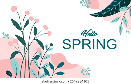 Hola Anuncio de primavera. Textura de moda. Vocación de temporada, fin de semana, logotipo de vacaciones. Fondo de pantalla de primavera. Feliz día de primavera. Texto de letras de Vector de primavera. Estilo de moda. Vector de flores.