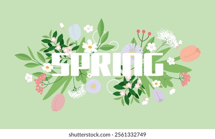 Hello spring banner. Trendy texture. Season vocation, weekend, holiday logo. Spring Time Wallpaper. Happy spring Day. Spring vector Lettering text. Fashionable styling. Flower vector.