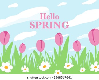 Hello spring banner. Trendy texture. Season vocation, weekend, holiday logo. Spring Time Wallpaper. Happy spring Day. Spring vector Lettering text. Fashionable styling. Flower vector.