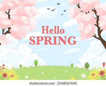 Hello spring banner. Trendy texture. Season vocation, weekend, holiday logo. Spring Time Wallpaper. Happy spring Day. Spring vector Lettering text. Fashionable styling. Flower vector.