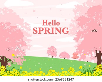 Hello spring banner. Trendy texture. Season vocation, weekend, holiday logo. Spring Time Wallpaper. Happy spring Day. Spring vector Lettering text. Fashionable styling. Flower vector.