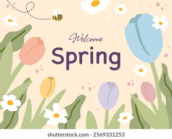 Hello spring banner. Trendy texture. Season vocation, weekend, holiday logo. Spring Time Wallpaper. Happy spring Day. Spring vector Lettering text. Fashionable styling. Flower vector.