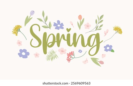 Hello spring banner. Trendy texture. Season vocation, weekend, Spring Time Wallpaper. Happy spring Day. Spring vector Lettering text. Fashionable styling. Flower vector.