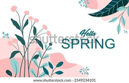 Hello spring banner. Trendy texture. Season vocation, weekend, holiday logo. Spring Time Wallpaper. Happy spring Day. Spring vector Lettering text. Fashionable styling. Flower vector.