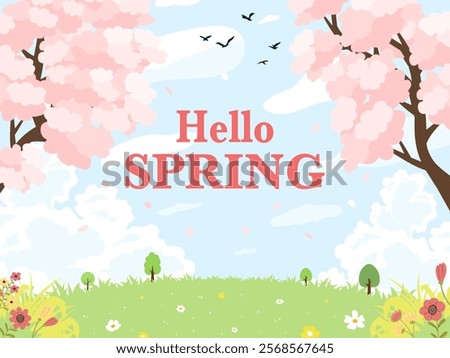 Hello spring banner. Trendy texture. Season vocation, weekend, holiday logo. Spring Time Wallpaper. Happy spring Day. Spring vector Lettering text. Fashionable styling. Flower vector.