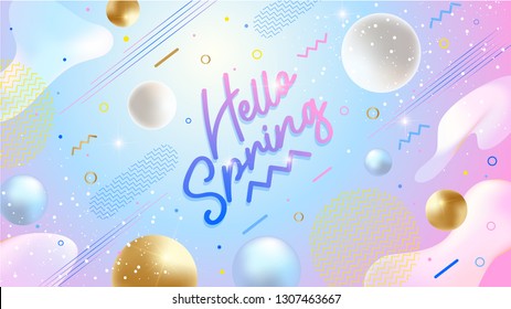 Hello Spring banner. Trendy textured. Season vocation, weekend, holiday logo. Spring Time Wallpaper. Happy spring Day. Hello Spring vector. Lettering text. Fashionable modern color styling template.