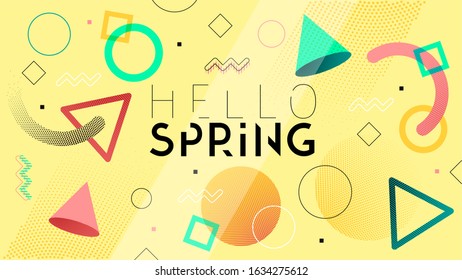 Hello Spring banner. Trendy textured. Season vocation, weekend, holiday logo. Spring Time Wallpaper. Happy spring Day. Welcome Spring vector. Lettering text. Fashionable modern color styling template.