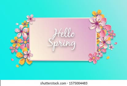 Hello spring banner, vector illustration with cherry blossoms