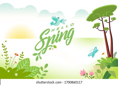 Hello spring banner. Vector illustration for graphic and web design, marketing material, product promotion, social media, online advertising, seasonal greeting card, background, presentation template.