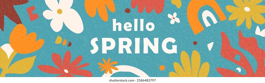 Hello Spring banner vector illustration. Hand drawn horizontal pattern background for Mothers Day, Easter design. Template with textured organic abstract flowers, rainbow, leaves in retro modern style