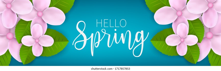 Hello spring banner or website header. Pink flowers with green leaves on blue background.