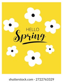 Hello Spring Banner at White Daisy Pattern and Yellow Background