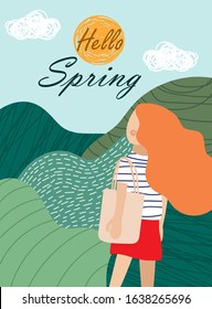 Hello Spring banner with woman and abstract greenery, vector template