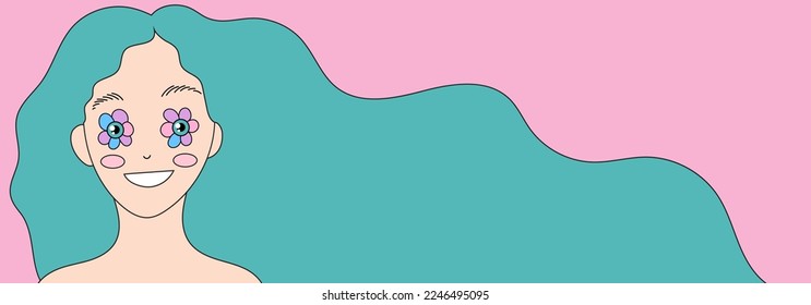Hello spring banner with woman. Girl with flowers in her eyes. 70s style groovy illustration. Springtime girl with flowing hair