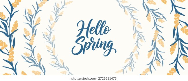 Hello Spring Banner com fundo de grinalda floral de trigo amarelo e azul