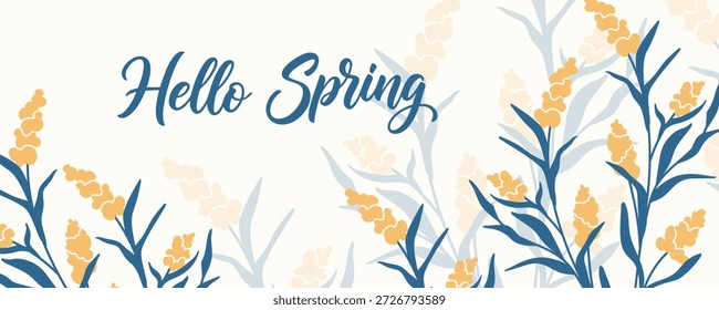Hallo Frühlingsbanner mit gelb und blau Weizen Feld Blumenrand
