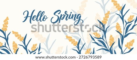 Hello Spring Banner with Yellow and Blue Wheat Field Floral Border