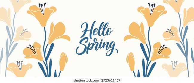 Hola Anuncio de primavera con flores de lirio amarillo y hojas azules